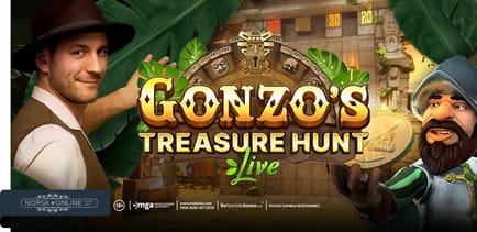 Mann som spiller Gonzo`s Treasure Hunt Live og karakteren Gonzo
